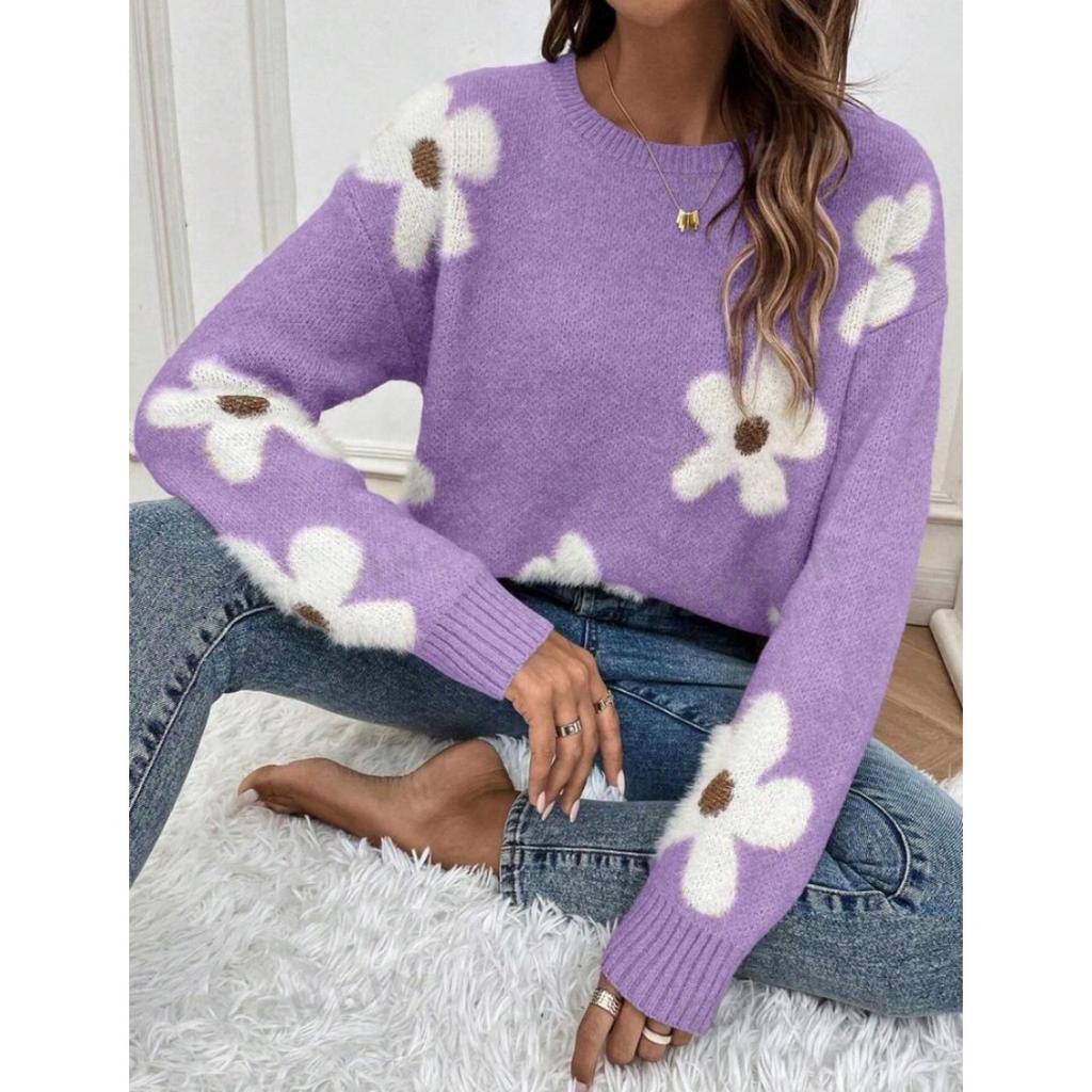 Hooded Round Neck Long Sleeved Sweater with Floral Jacquard Pattern for Autumn Women