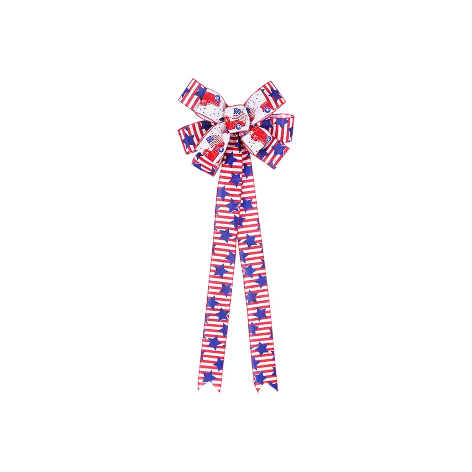 American Flag Bow Independence Day Party Decoration Ribbon Knot Hanging Red, And Blue Five-pointed Star Print Bow One Size
