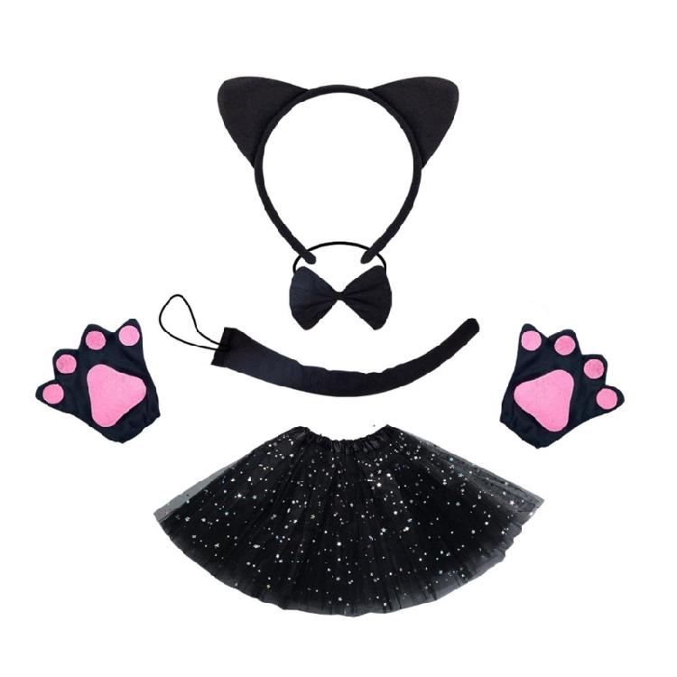 Cats Costume Set with Headband Tail Bowtie Glove Skirt Halloween Catgirl Dress up Outfit for Kid Women Girl Christmas