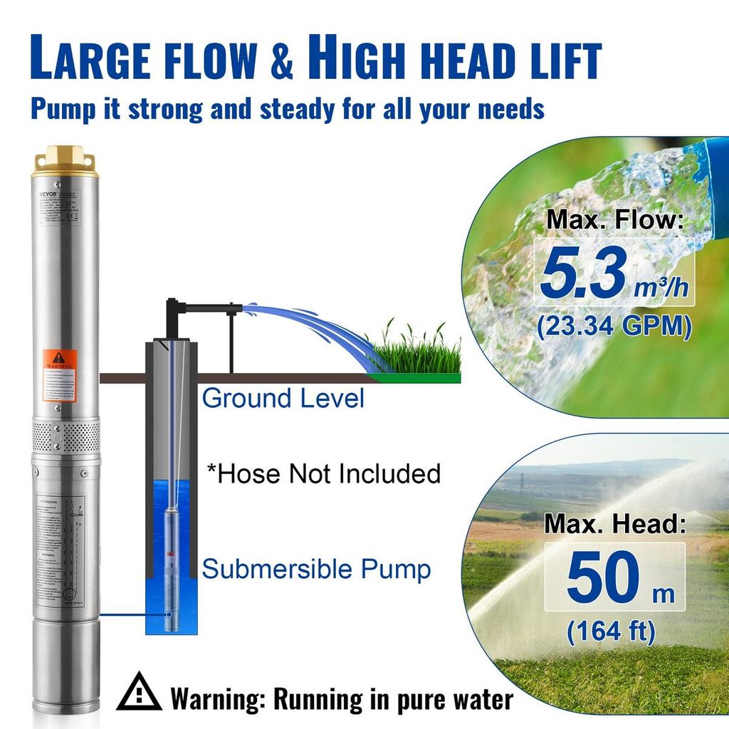 Deep Well Submersible Pump Stainless Steel Water Pump 370W 5.3 M³/h 50 M