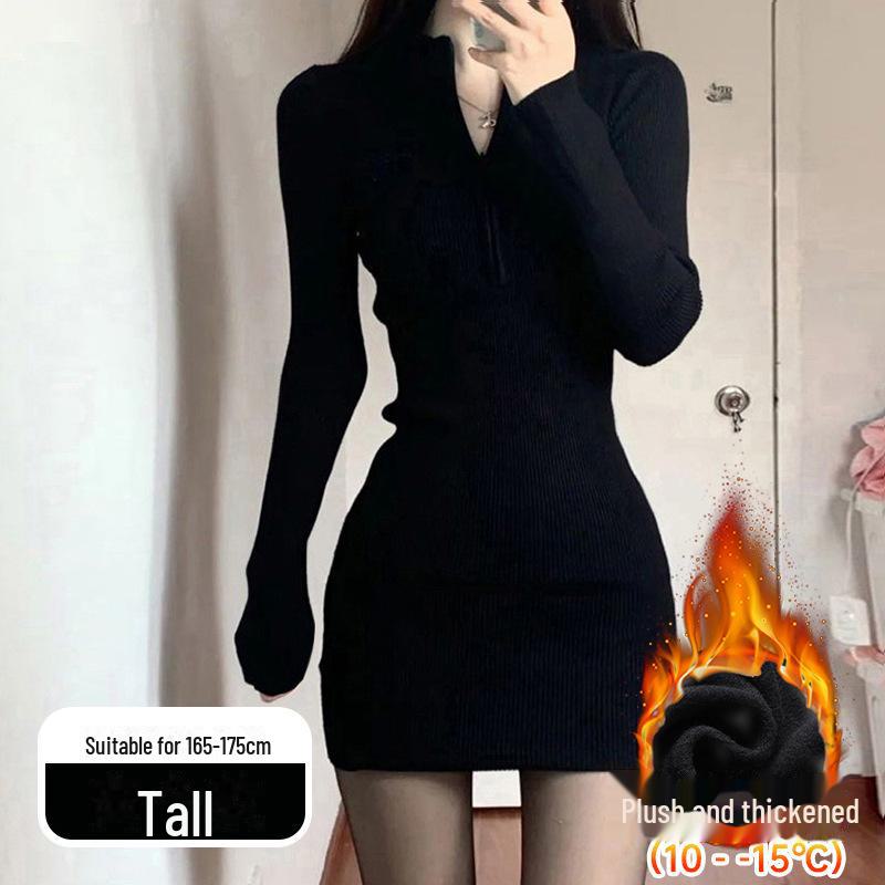 2025 New Women's Black Knitted Long-Sleeve Dress – Trendy, Slim-Fit Short Skirt for Spring & Autumn