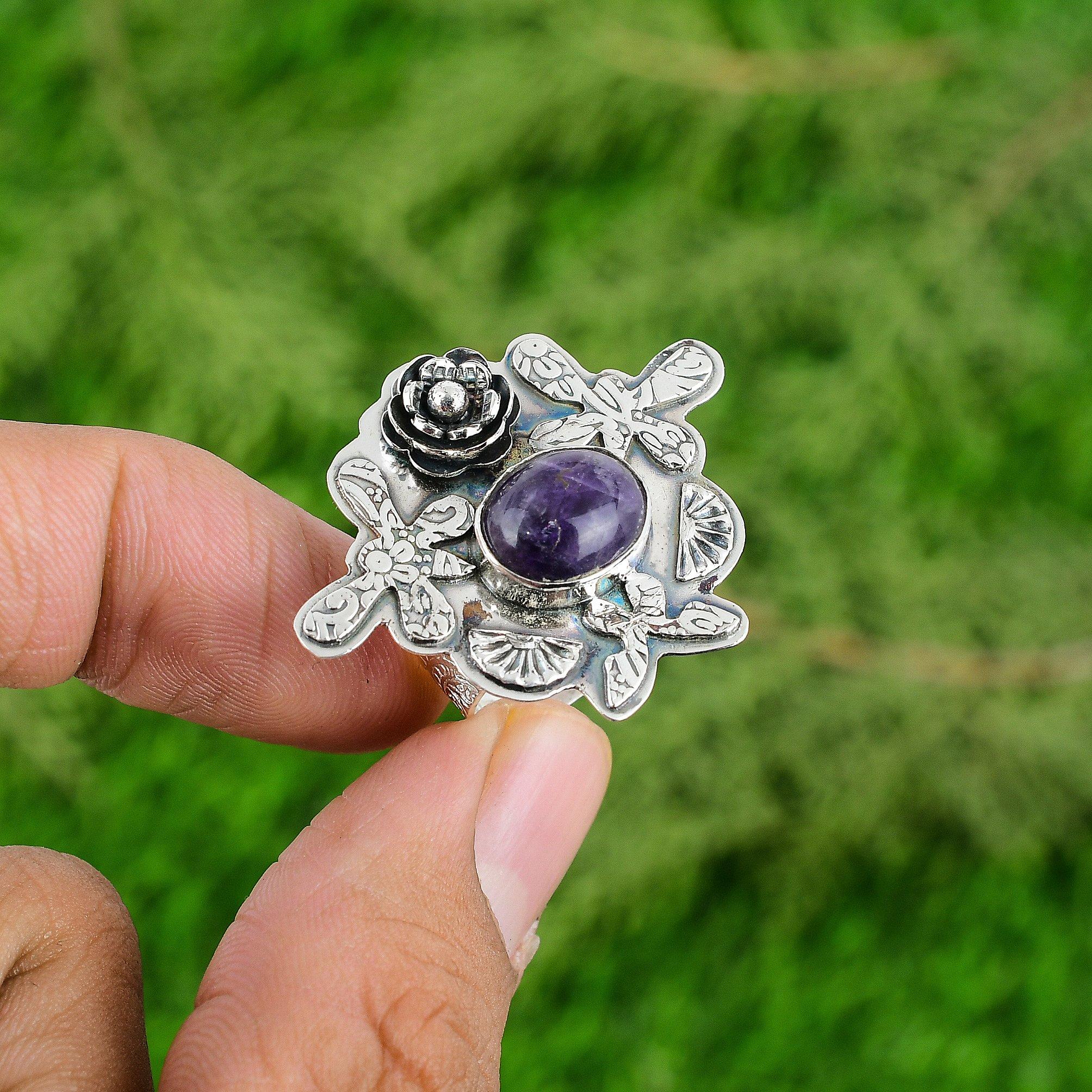 

Sterling Silver Natural African Amethyst Flower Wedding February Promise Ring Adjustable