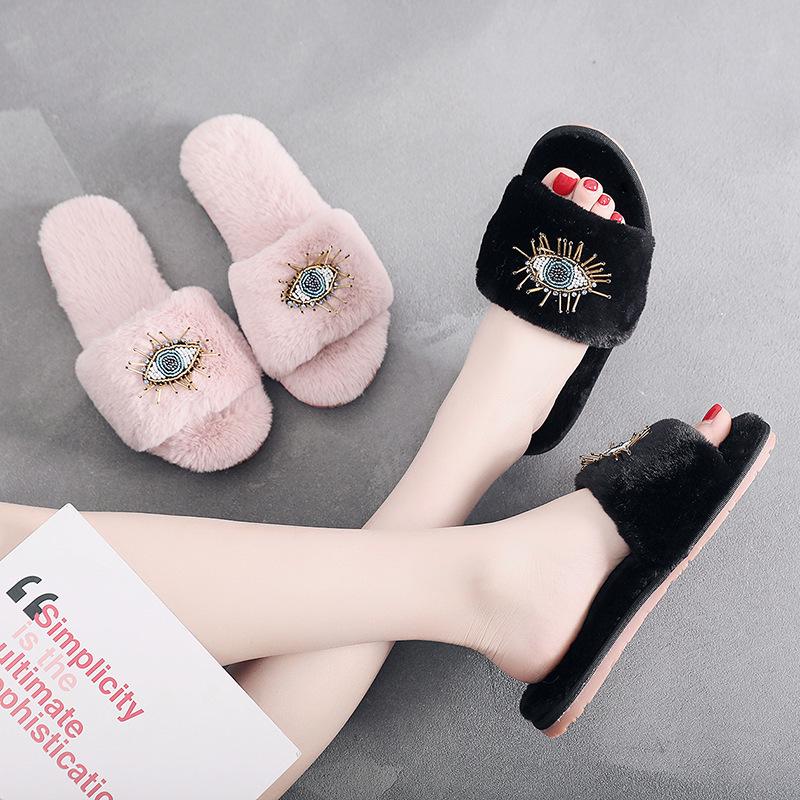 Fashion String Bead Cute Eye Cotton Slides Fashion Rabbit Plush Slippers Women Black Flip Flops Indoor Soft Sole Outside Pantuflas Danno