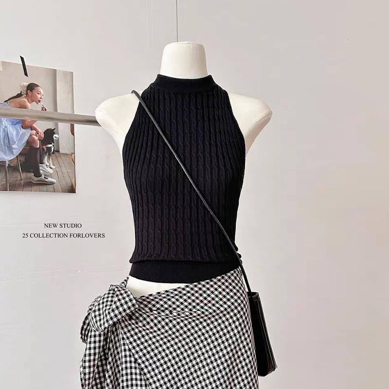 Summer Korean Solid Color Halter Neck Sleeveless Slim Twist Knit Vest For Women