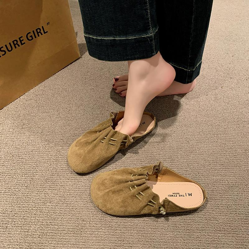 Retro pleated gentle baotou half slippers women's spring 2025 new Korean version outer wear thick-soled lazy Mu Qin shoes