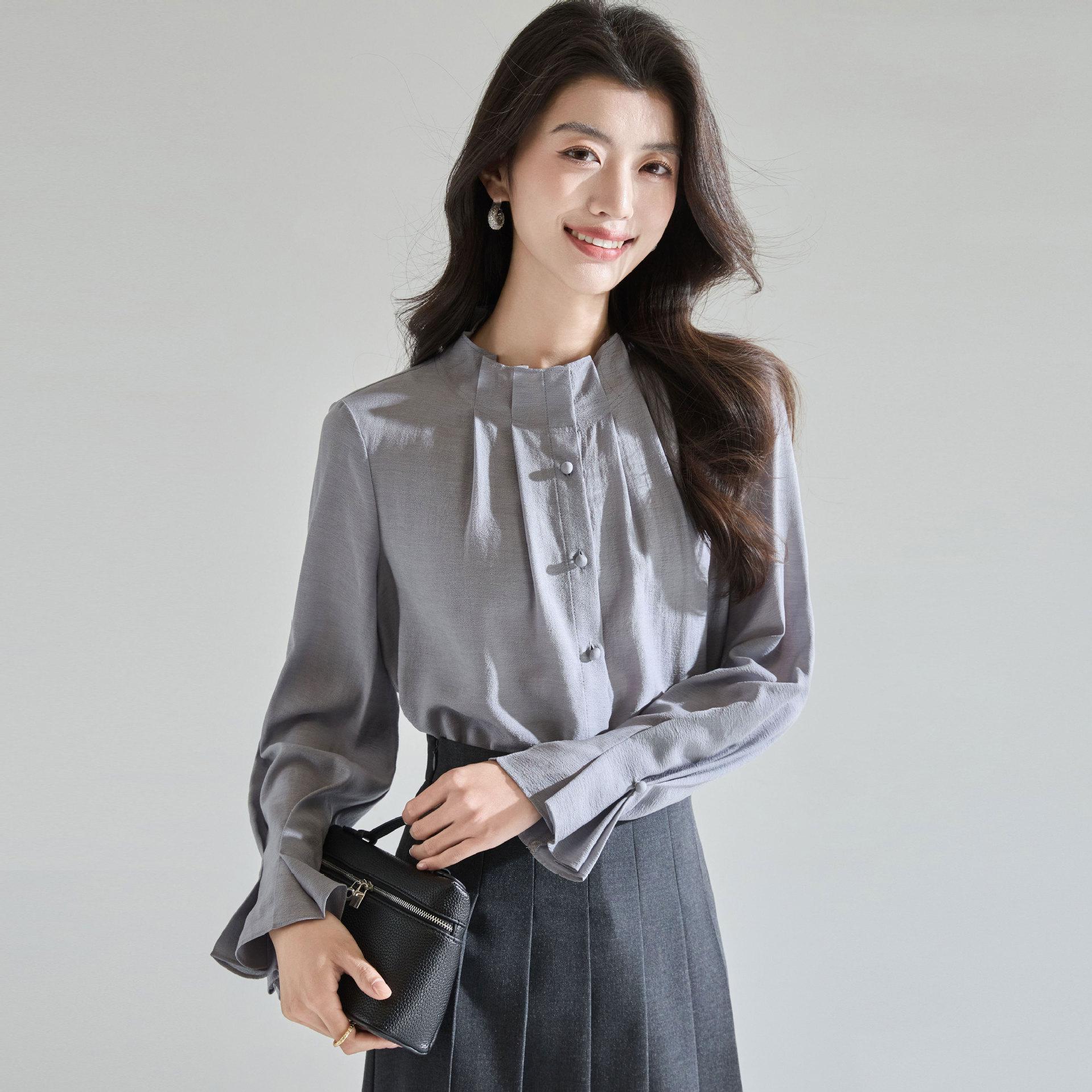 

Retro Spring Stand Collar Lyocell Shirt with Ruffled Hem and Bell Sleeves Small серый