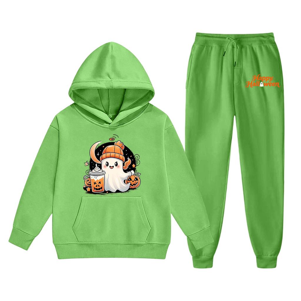 Kids Halloween Hoodie Set Ghost Print Pullover Sweatshirt and Pants Outfit Soft Comfortable Fabric Suitable for Fall and Winter Wear