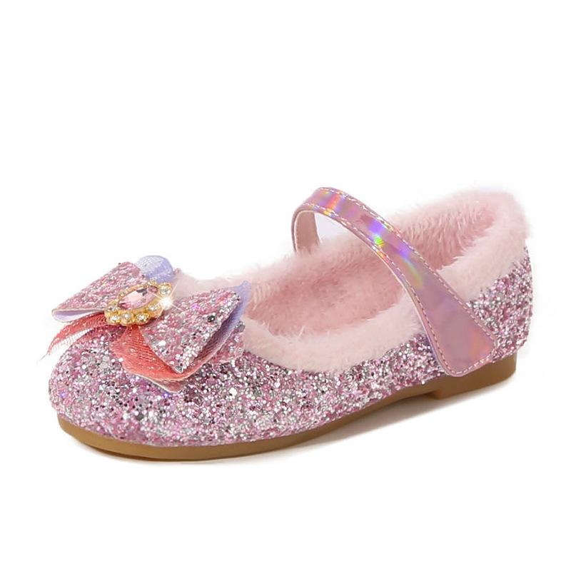 

Girls princess shoes with plush lining, new winter style, little girls flat shoes, Elsa crystal shoes, blue soft-soled shoes 22 розовый