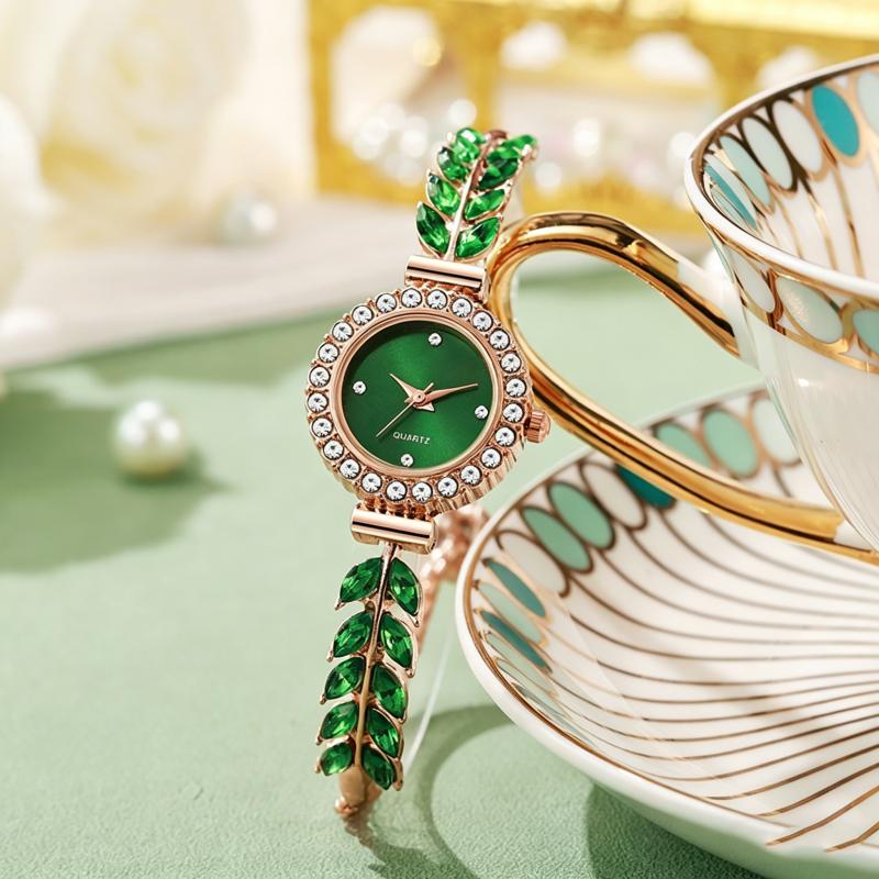 New Fashion Women Quartz Watch Leaf Design Slim Strap Rhinestone Round Dial Pull Adjustable Bracelet Wristwatch