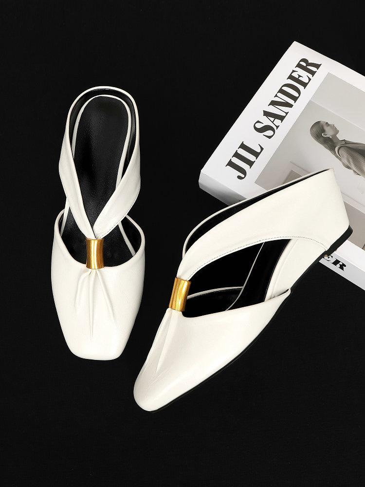 Fashion High-Heeled One-Shoulder Slippers For Women, 2025 Summer New Style Shallow-Moused  Thick-Heeled Slippers Ballet Mary Jane Shoes