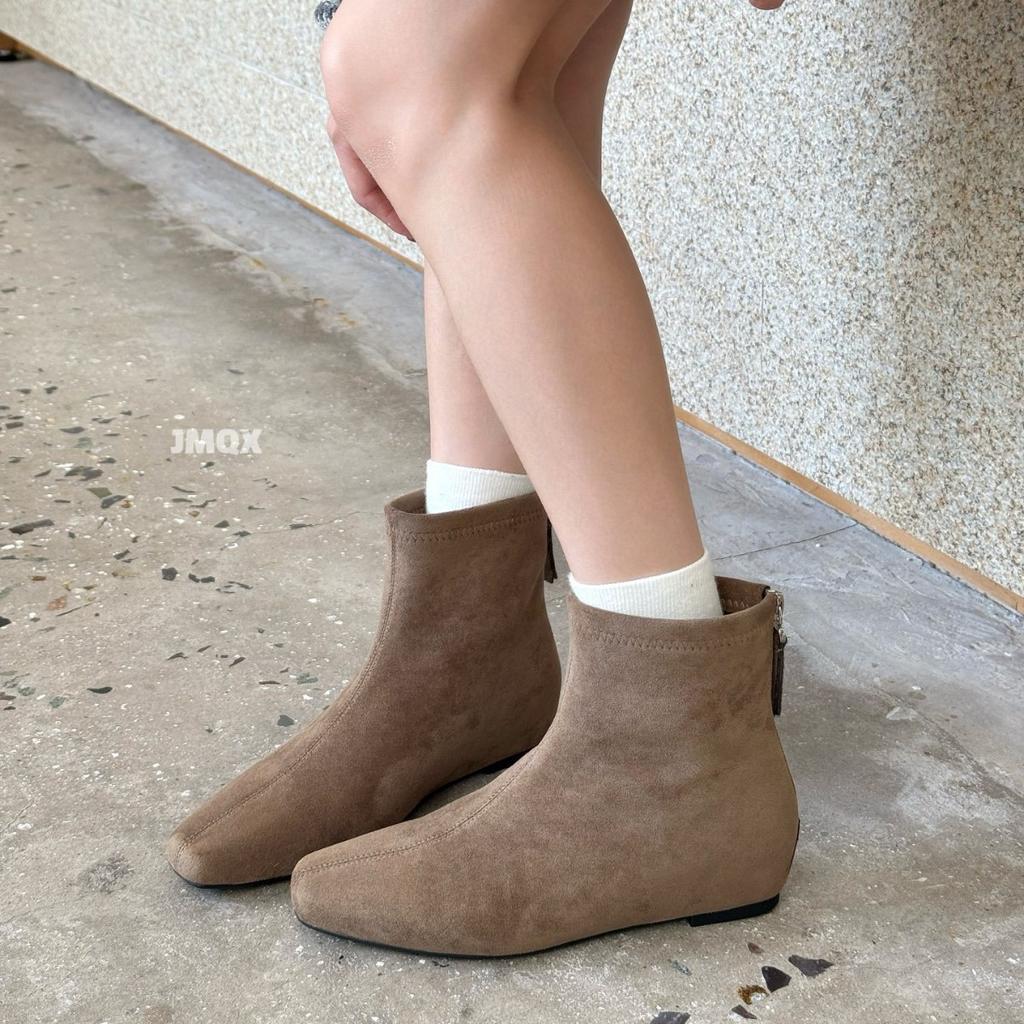 Flat Bottom Thin Boots Women's 2025 Autumn and Winter New Square Head Elastic Bare Boots Suede Martin Boots Velvet Leather Short Boots