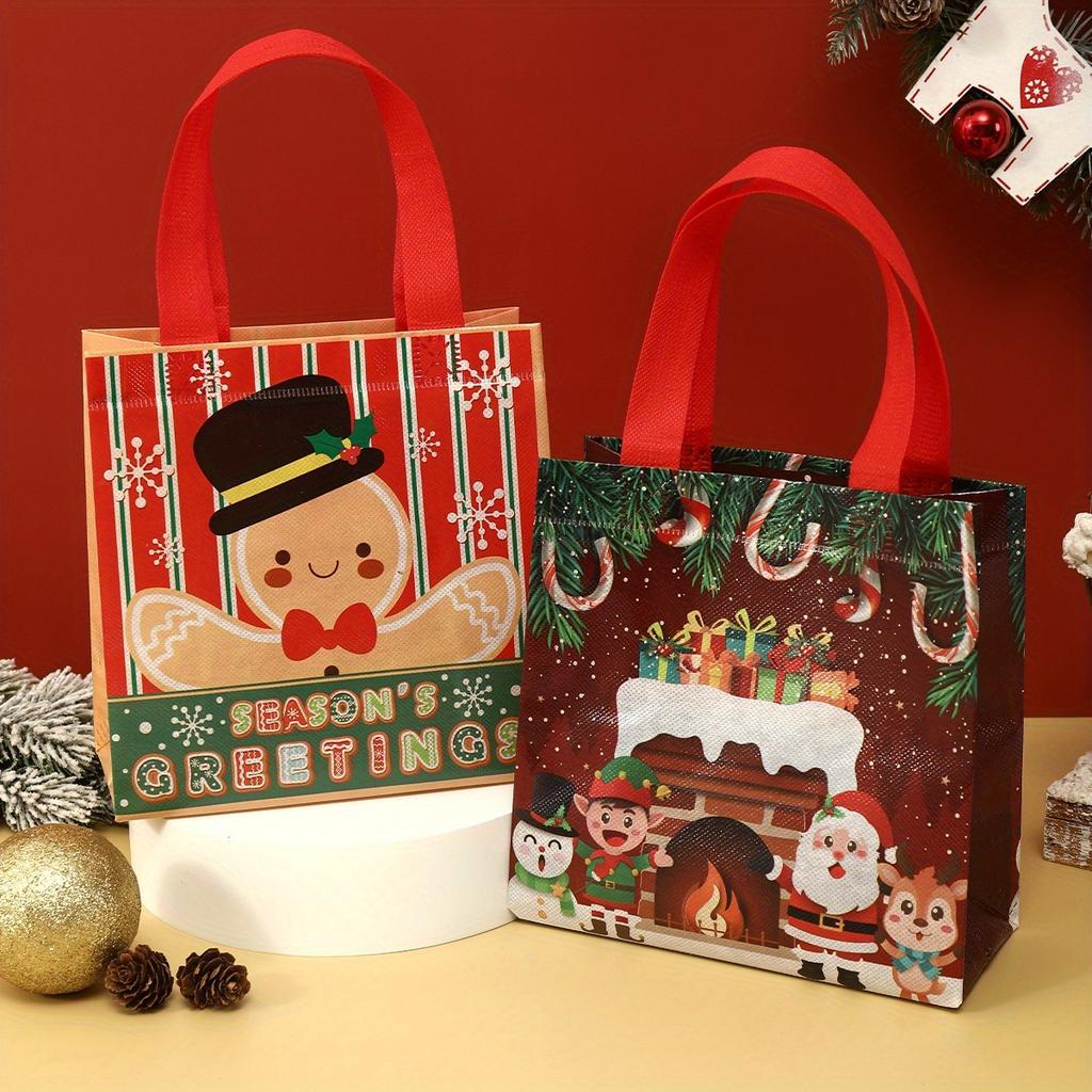 Festive Christmas Tote Bags with Red & Green Holiday Design Reusable Non-Woven Gift Bags for Groceries and Holiday Treats Festive Gift Bags