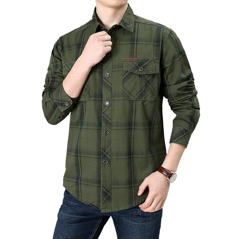 Middle-aged and Young Men's Business Casual Large-size Cotton Work Shirt Autumn New Plaid Long-sleeved Shirt Thin