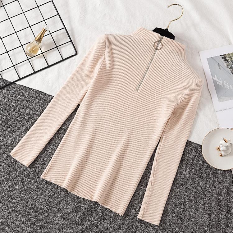 Knitted Women Zipper Half High Neck Ring Zipper Slim Top Sweater Pullovers Autumn Winter Basic Women Sweaters Slim Solid Knitwear Pull Femme Tops