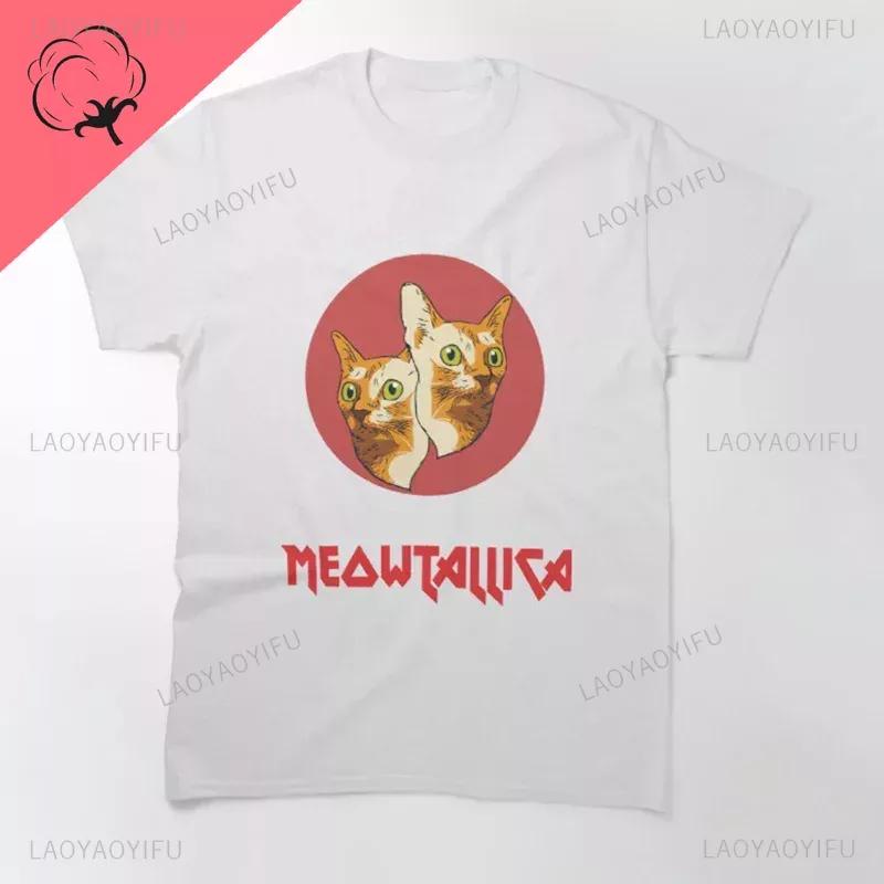 Funny Cat Meowtallica Cat Rock Music Print T-Shirts Rock Music Men Tops Fashion Oversized Tee Comfortable Unsiex Couple Wears