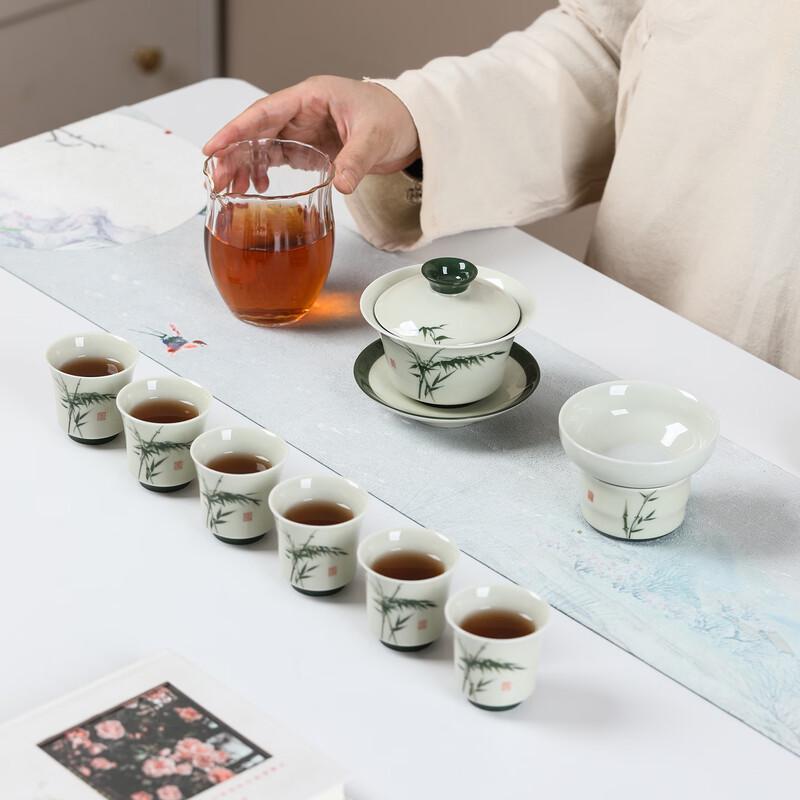 Mutton Fat Jade Porcelain Kung Fu Tea Set - Green Bamboo