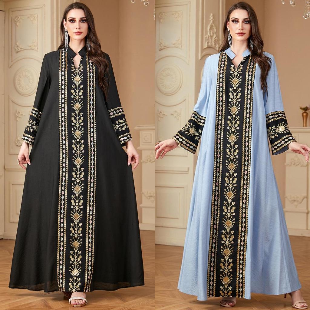 Women's Embroidered Long Sleeve Patchwork Robe - Middle Eastern and Western Style
