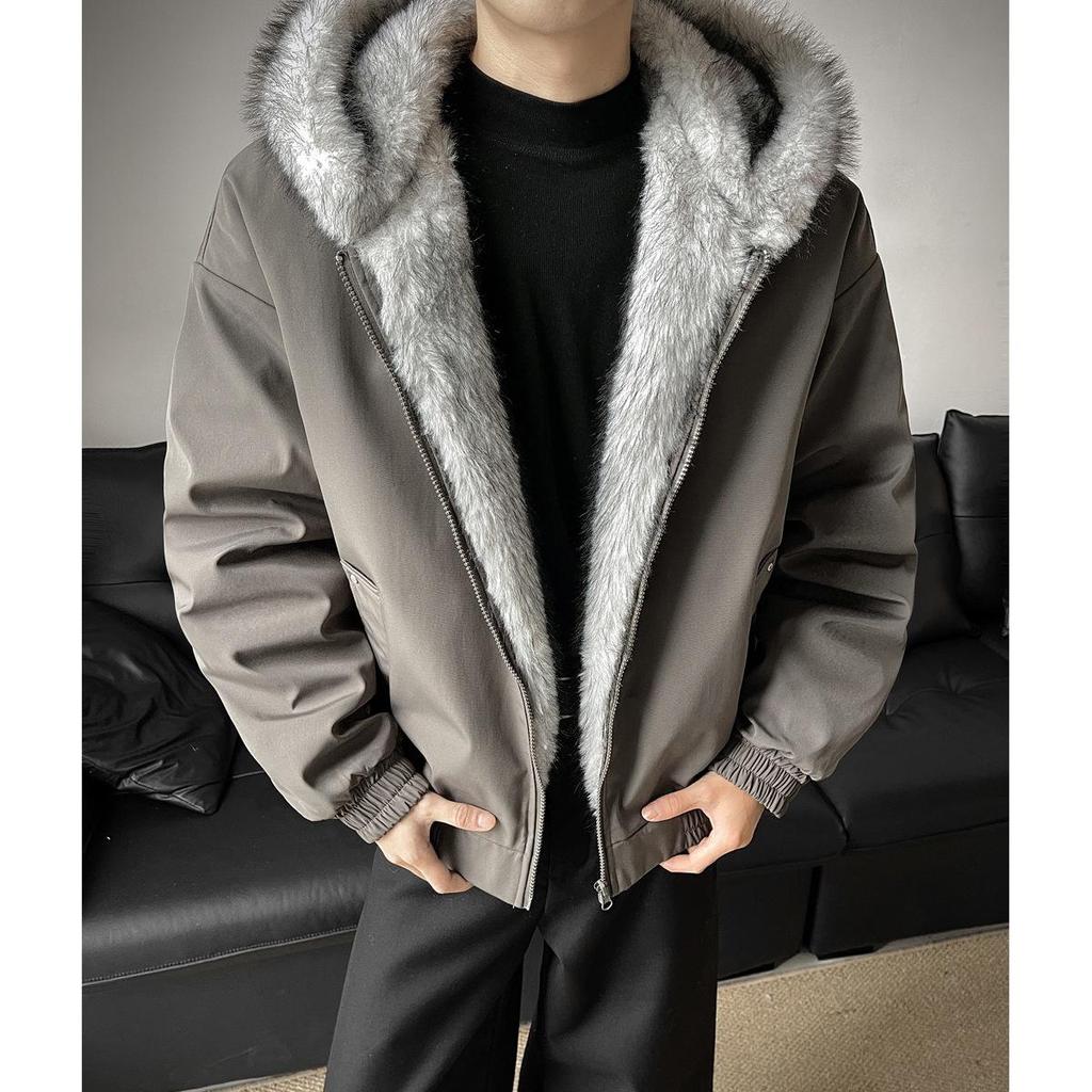 Men's Winter Polar Wolf King Heavyweight Mink Fur Hooded Jacket with Large Collar, Plus Velvet Thickened for Warmth.