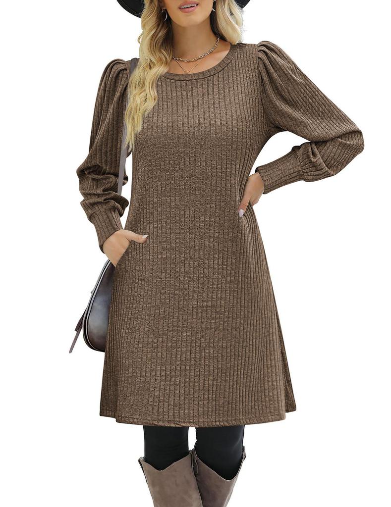 European & American Fashion Knitted Puff Sleeve Dress - Women's Autumn/Winter Casual Loose Fit with Pockets