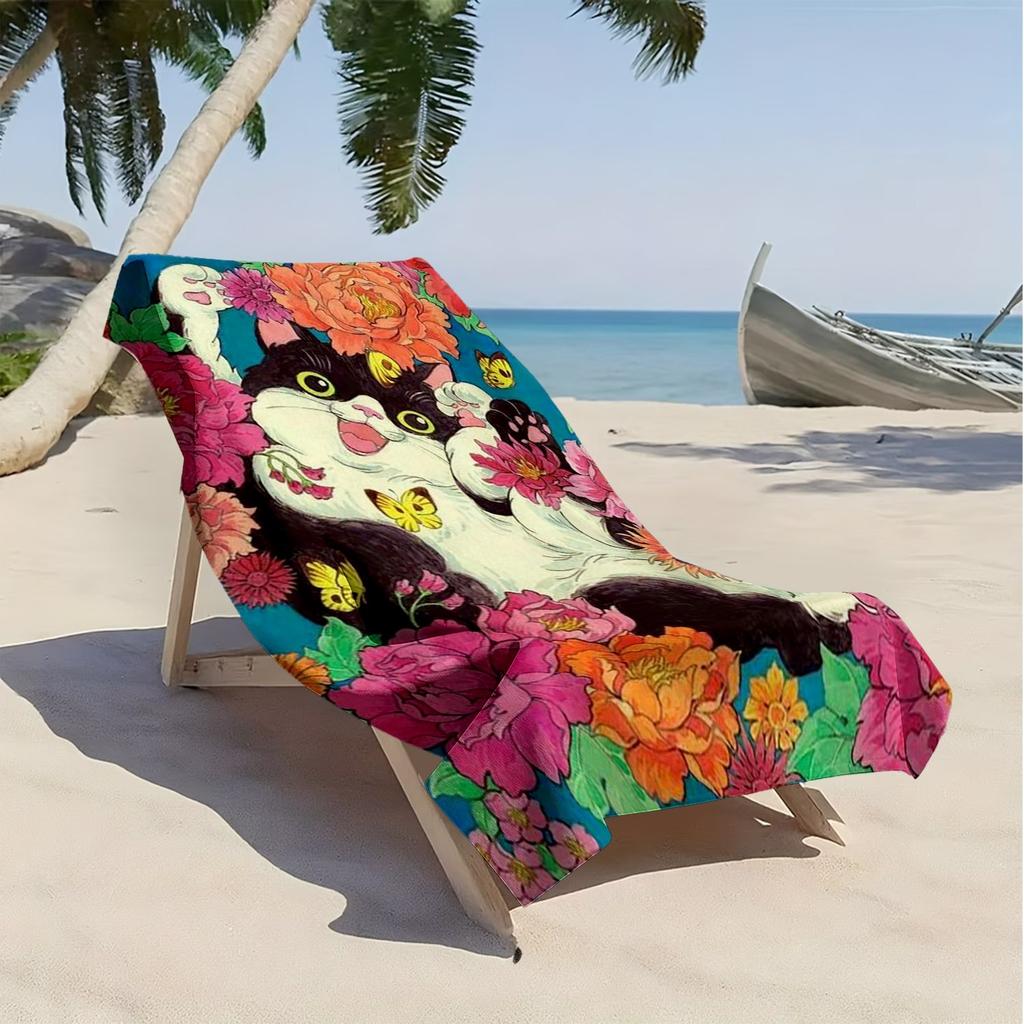 Cute cat and colorful flower patterns microfiber beach towel is highly absorbent, suitable swimming and beach outings