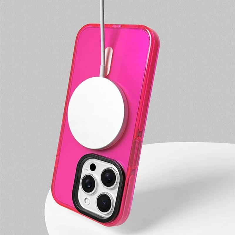 Transparent Neon Color MagSafe Phone Case for iPhone 17 15 16 Pro Max 13 14 12 11 Wireless Charging Soft Silicone Bumper Cover