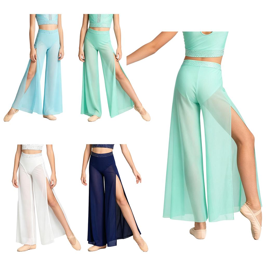 Kids Dance Competition Wear Rhinestone Waist Side Split Wide Leg Mesh Pants with Built-in Briefs for Lyrical Skating Show