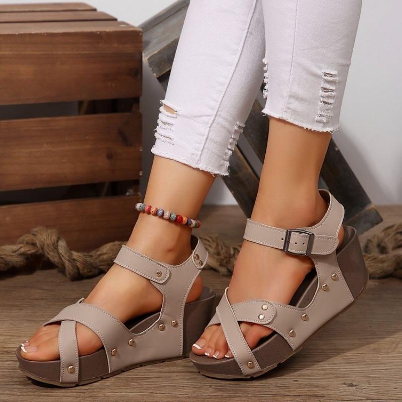 Summer New Muffin Thick-soled Wedge Sandals Women's Velcro Large-size Rivets Flat-bottomed Fish Mouth Sandals