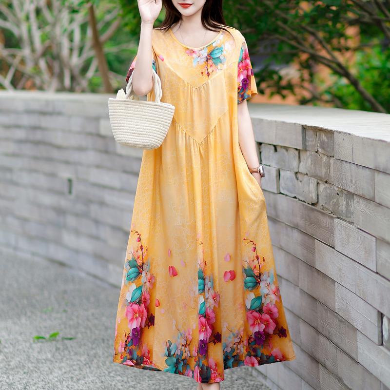

Элегантные летние свободные платья женские винтажные платья с коротким рукавом большого размера повседневные длинные платья 5XL жёлтый