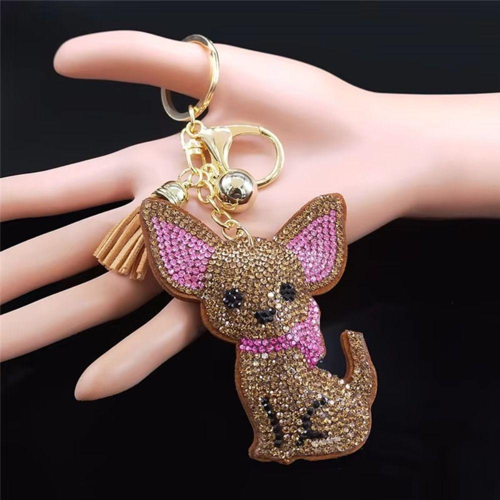 Gold Color Chihuahua Keychain Cute Animals Crystal Keychain Dog Keyring  Bag Accessories