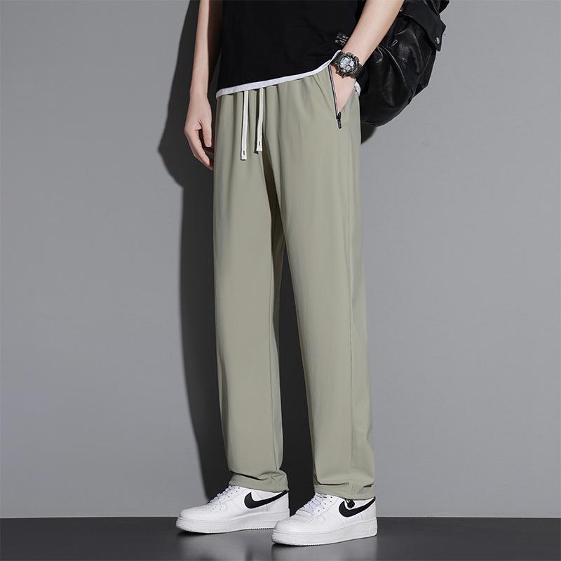 Extra dlouhé 120cm letní kalhoty z ledového hedvábí pro vysoké muže - Tenké s rovnými nohavicemi a 110cm plochou nohavicí se stahovací šňůrkou