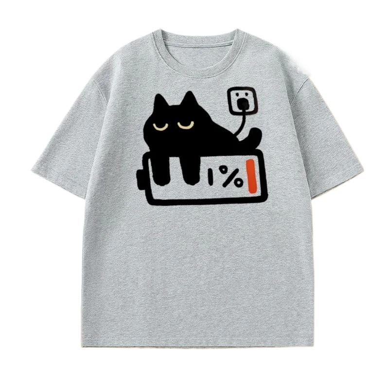 Funny Cat Charging T-shirt for Women Casual T Shirts Short Sleeved Tees Female Tops Summer Streetwear Round Neck Breathable Top