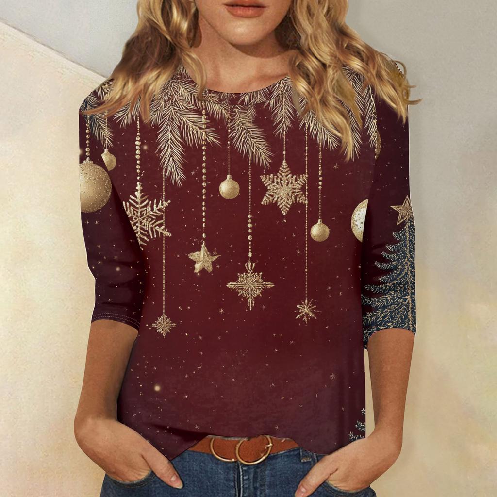 Women's Casual Fashion Christmas Print Three-Quarter Sleeve Top