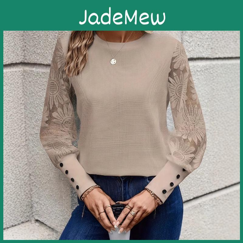 Autumn Round Womens And Spring Neck Lace Splicing Long Sleeve Top