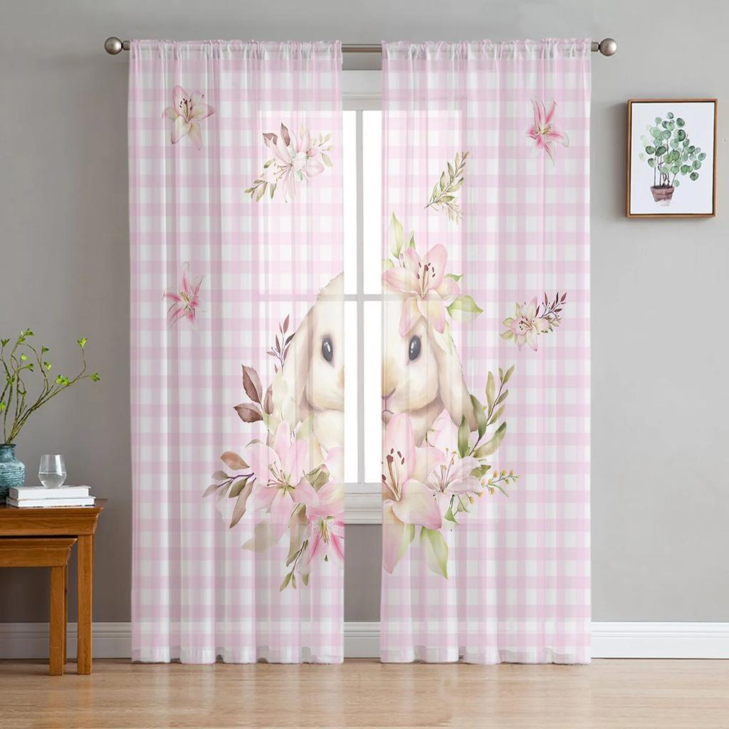 Wielkanocne jaja króliczka wiosenne kwiaty tiulowe zasłony do salonu sypialnia przezroczysta zasłona typu woal okno Home Decor zasłony