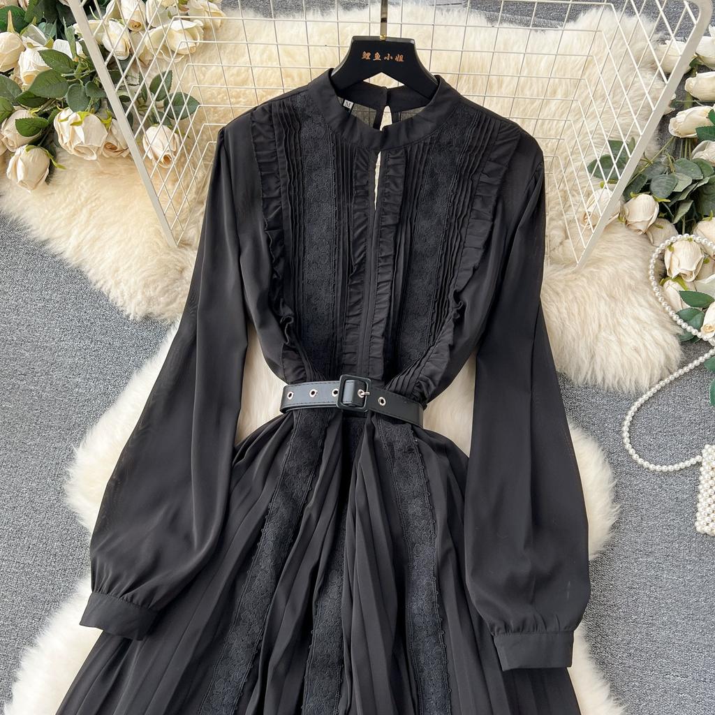 Frauen Spitze Chiffon Patchwork Urlaub Strandkleid Schwarz Lange Maxi Big Swing Plissee Kleider