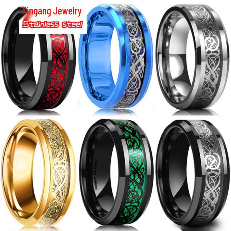European & American Style Men's Titanium Stainless Steel Dragon Ring with Diamond Pattern