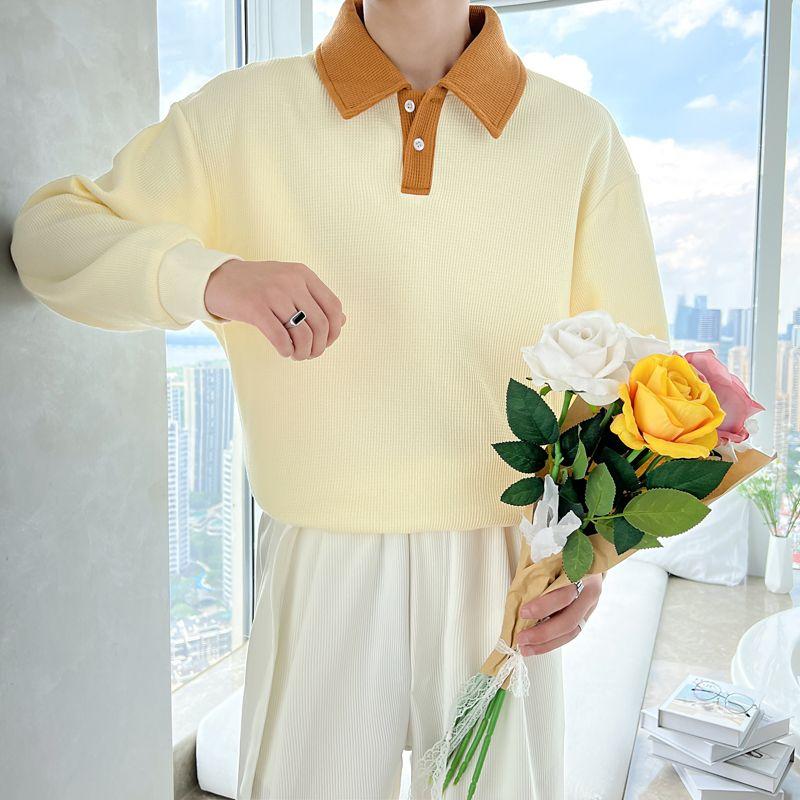 Spring and Autumn Minimalist Fashion Color Blocking Polo Collar Waffle Long Sleeved Casual Loose Oversized Versatile Hoodie