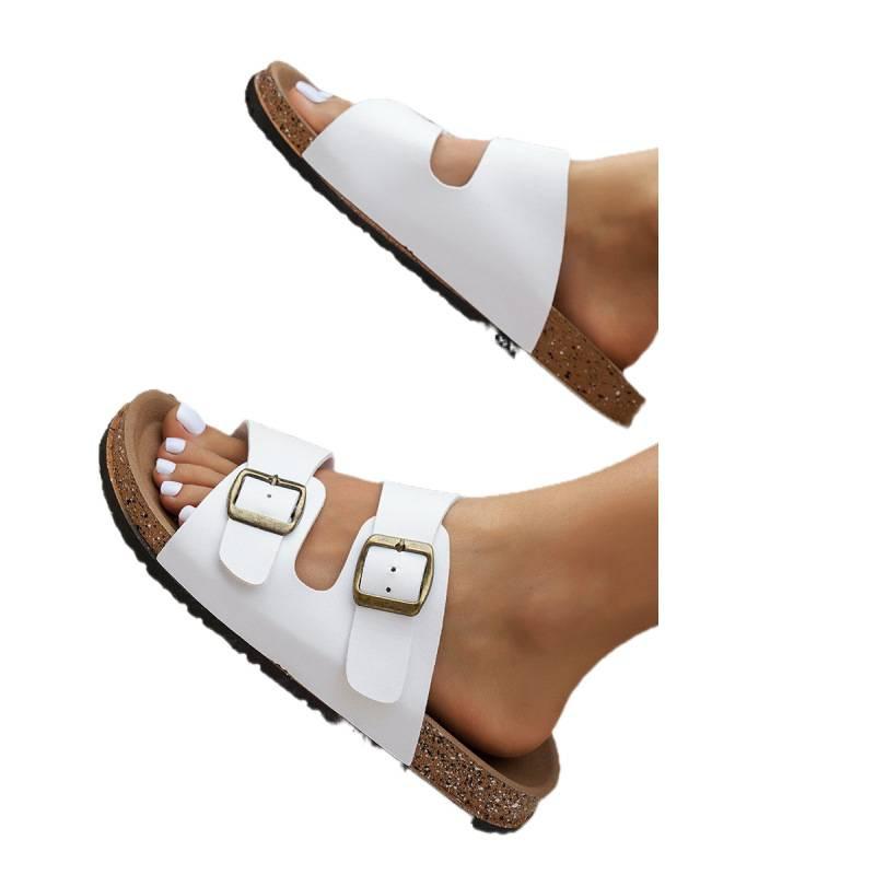 Large size slippers cork bottom cool slippers summer new soft leather double-breasted retro thick-soled slippers