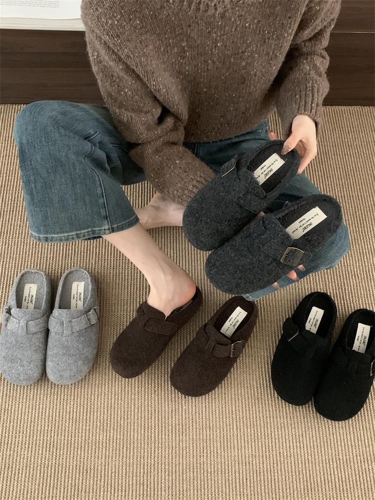 Korean Version of Retro Platform Woolen Birkenstocks Women's 2025 New Velvet Warm Lazy One Pedal Bag Head Half Slippers
