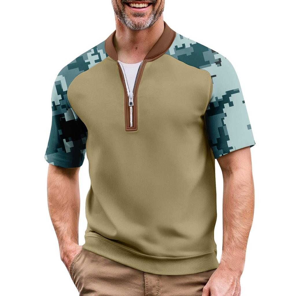 Men's Summer Camouflage Color Casual T-shirt Sports Breathable Zipper Collar Top