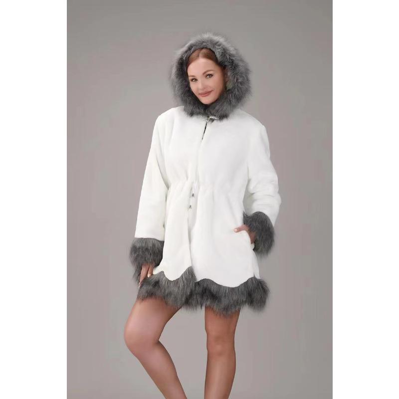 Imitation mink fur, imitation mink fur integrated jacket medium and long hooded cotton-padded jacket, imitation fur waist