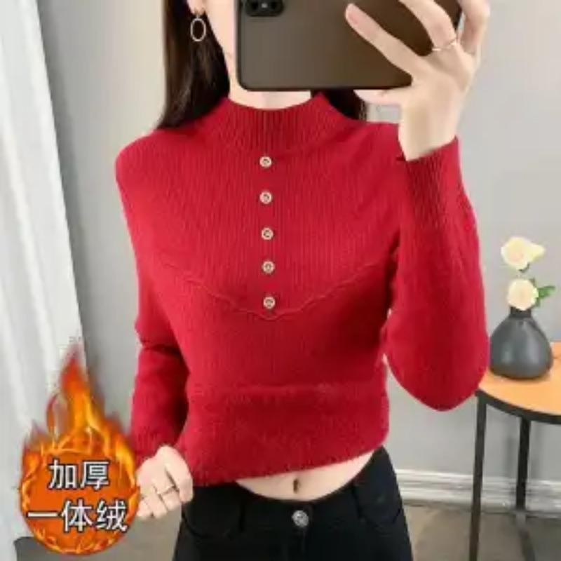 

Цельный бархатный теплый свитер женский осенне-зимний новый с полувысоким воротником плюс базовая рубашка топ S красный