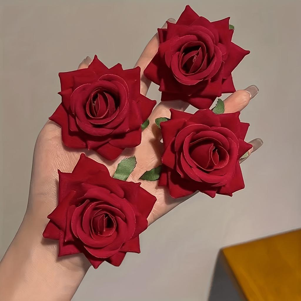 3Pcs Atmospheric Red Floral Hair Accessories, Rose Side Clips & Hair Pins