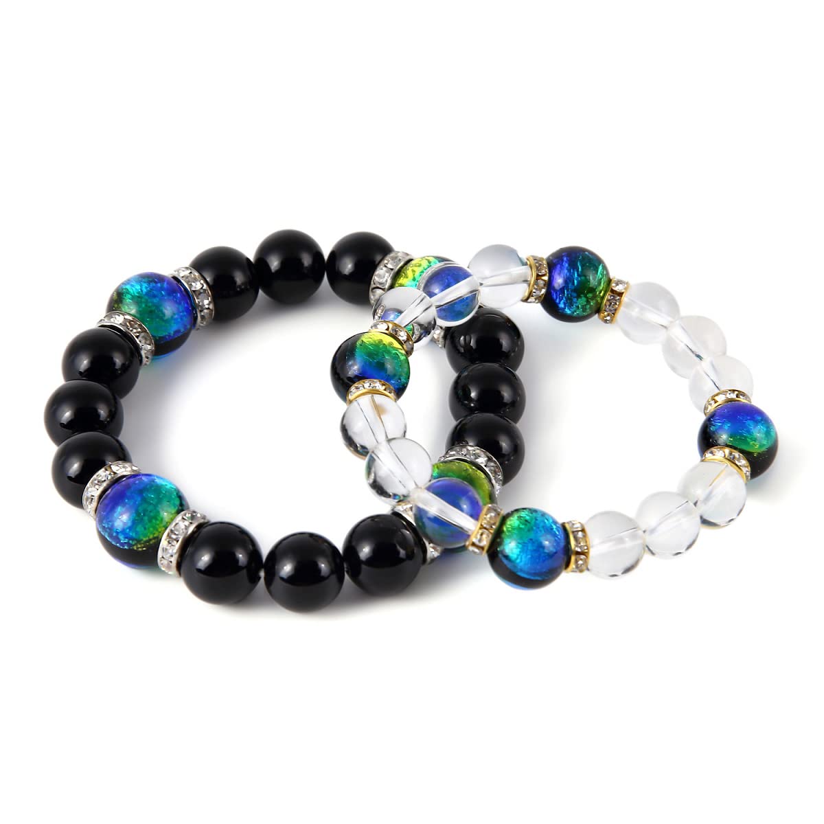 

Sea Drop Glow-in-the-Dark Firefly Glass Kerama Marine Pair Bracelet with 12mm Onyx and 10mm Crystal Beads [092bt]