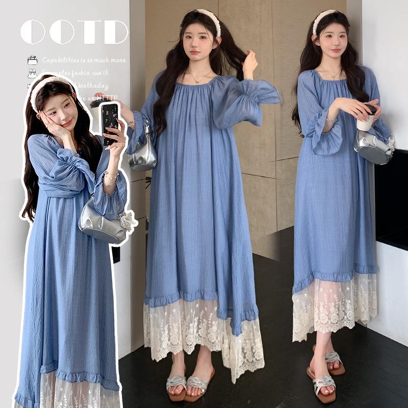 2026 Spring Blue Lace Patchwork Maternity Dress M