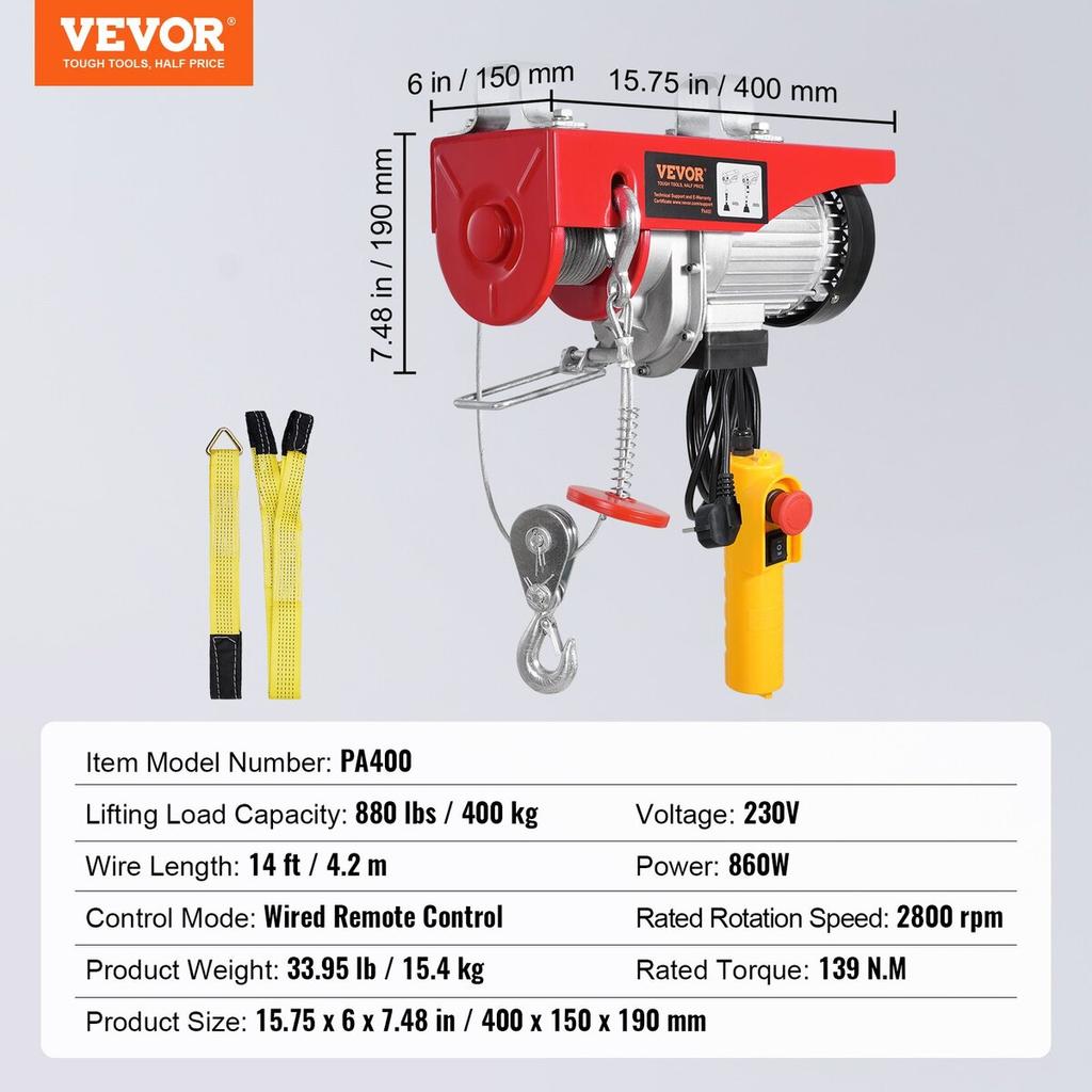 Electric Hoist Crane Winch 880 lbs with 14 ft Wired Remote Control 230V