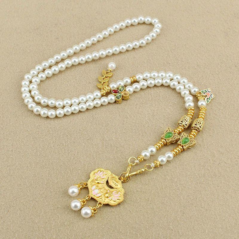 

Koi Lotus Lock of Good Wishes Imitation Pearl Long Necklace Enamel Craft New Chinese Style Sweater Chain Ornament Butterfly Lotus Ruyi Lock Imitation Pearl Necklace