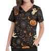 Women V Neck Printed Short Sleeve Scrub Top with Side Slits and Pockets Halloween Themed Comfortable Fit