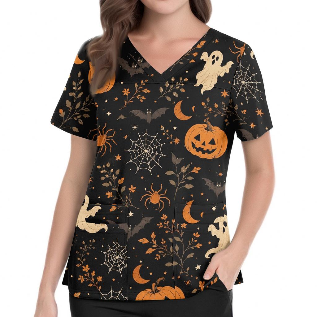 Women V Neck Printed Short Sleeve Scrub Top with Side Slits and Pockets Halloween Themed Comfortable Fit