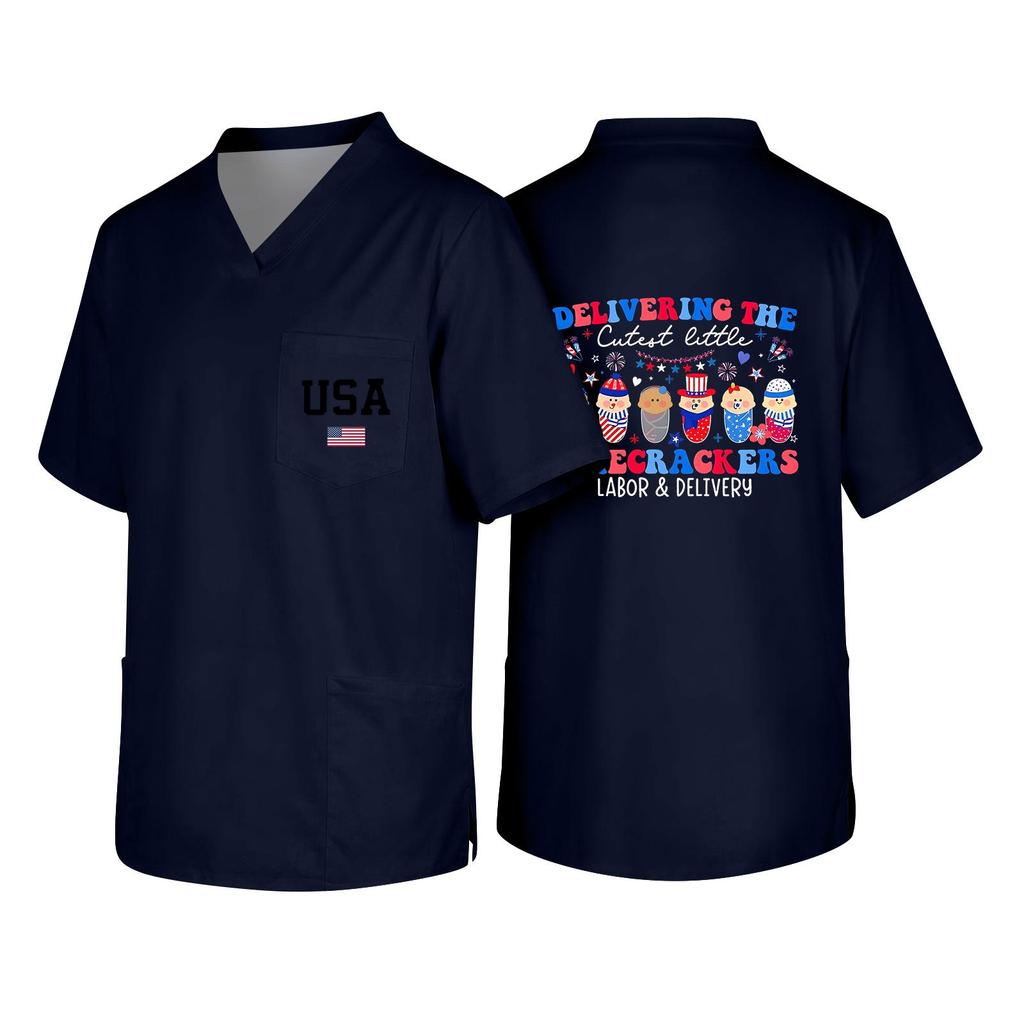 Men's V Neck Work Shirt Short Sleeve Pocket Top with USA Print Suitable for Healthcare and Labor Day Uniforms